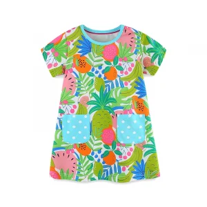Single-Piece Summer Girls' Short Sleeve Dress – Casual Princess Outfit With Cartoon Fruit Print And Pockets (2–7 Years)