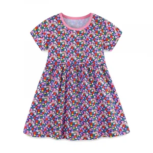 Single-Piece Summer Girls' Casual Dress – Knitted Cotton Floral Print Round Neck Princess Skirt (2–7 Years)