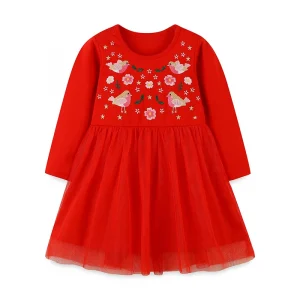 1-Piece Autumn Girls' Round Neck Mesh Group Casual Style Knitted Cotton Embroidered Princess Skirt 2-7Y