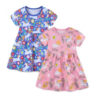 Two-Piece Summer Girls' Short Sleeve Dress – Knitted Cotton Princess Outfit With Fashionable Cartoon Unicorn Print