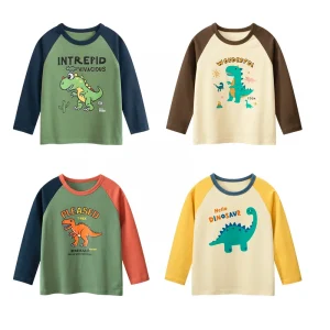 2025 Spring Autumn Children Boys Long Sleeve T-Shirts Cartoon Dinosaur Cotton Tops 2-8 Years Kids Baby Boy Tees Toddler Clothes