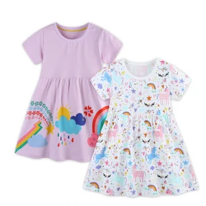 Two-Piece Summer Girls' Short Sleeve Dress – Knitted Cotton Princess Outfit With Cartoon Rainbow Print (2–7 Years)
