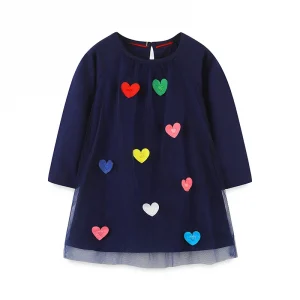 A Set Of Autumn Girl's Mesh Skirt Casual Style Knitted Cotton Heart Embroidered Round Neck Dress
