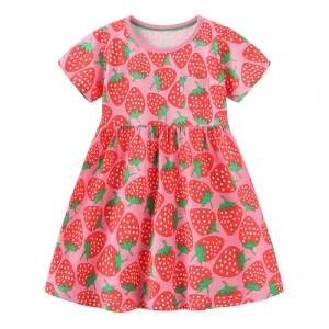 1-Piece Summer Girl Short sleeved Dress Casual Cartoon Strawberry Print Round Neck Princess Dress
